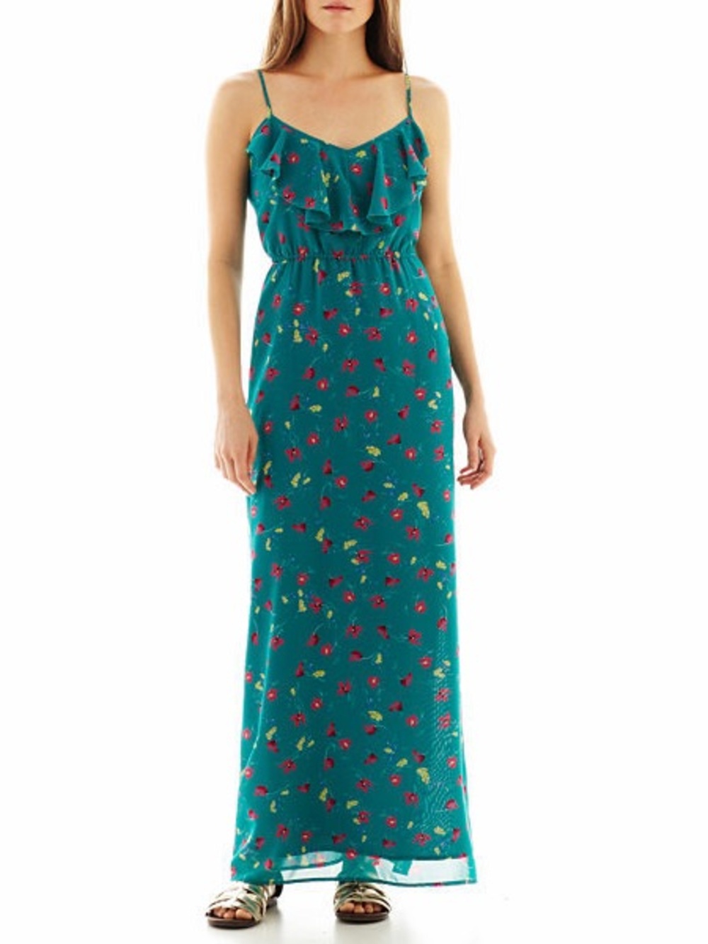 I Heart Ronson Teal Floral Ruffle Maxi Dress